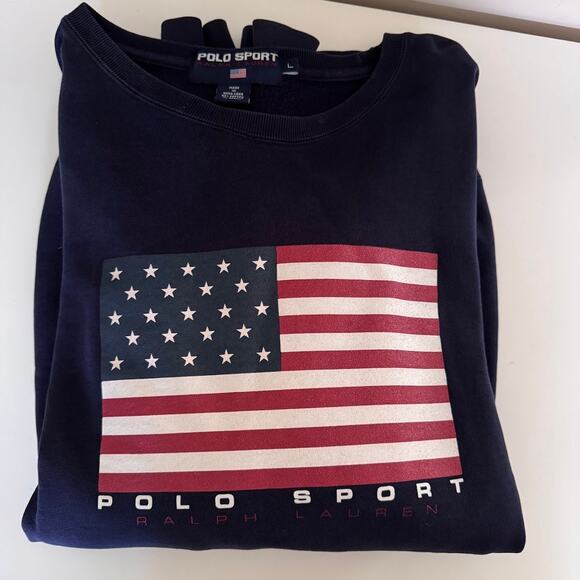 Polo Sport Ralph Lauren Vintage Crew Neck USA Flag Sweatshirt Large Blue 90s - Picture 5 of 6